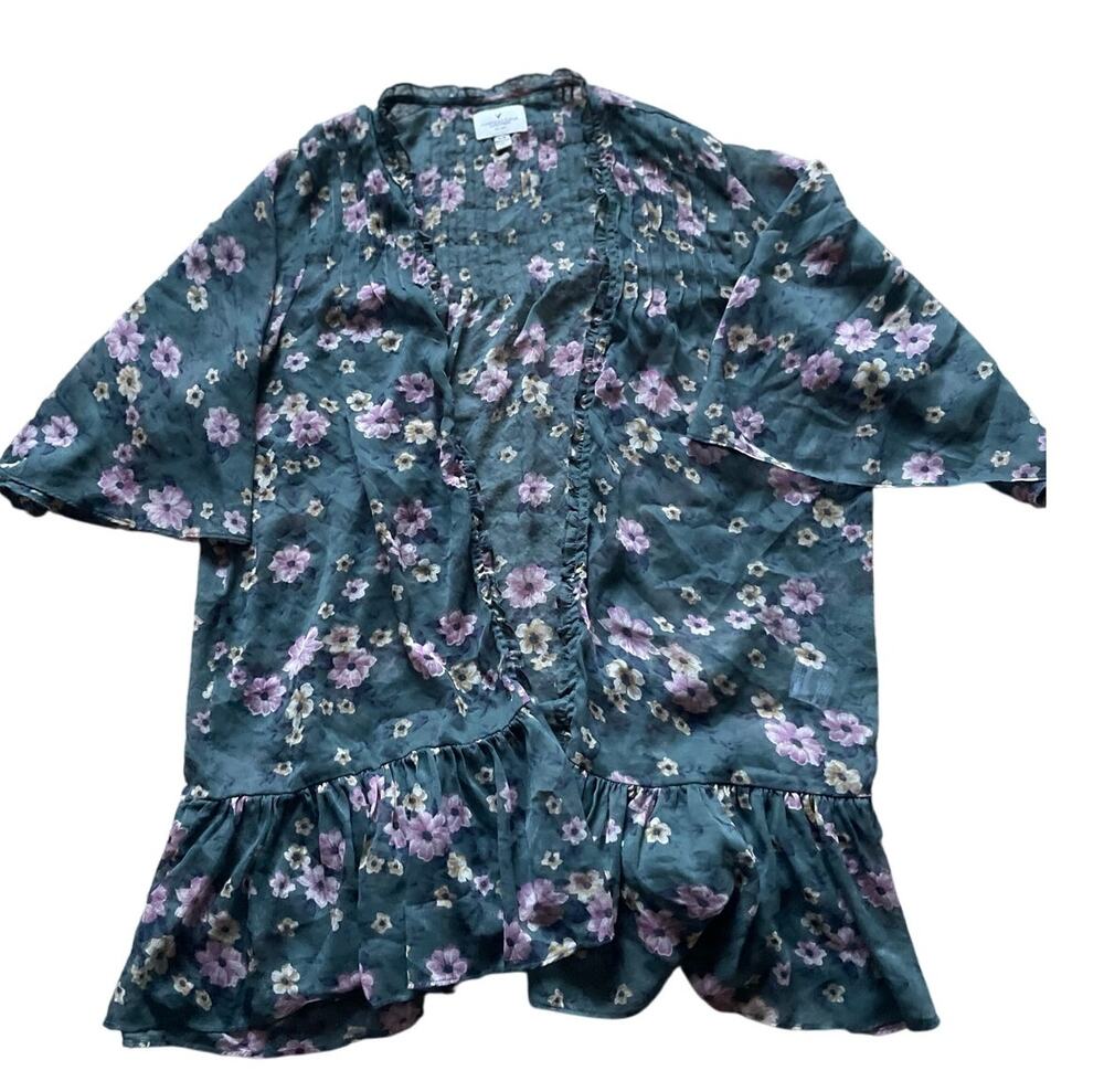 American Eagle Kimono Sheer Floral Womens Medium Ruffles Feminine Boho Flowy